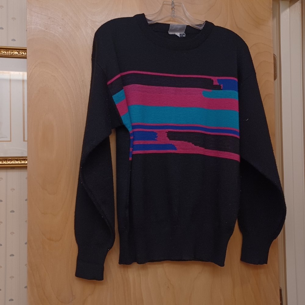 Black Meister Vintage Vaporwave Neon Pink Graphic Men's Pullover Wool Sweater L